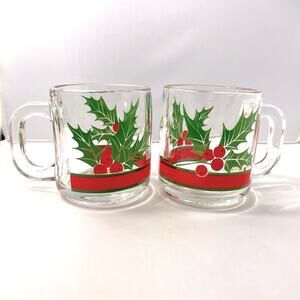 Vintage Libbey Christmas Mug Set of 2 Holly Berry Clear for Holidays